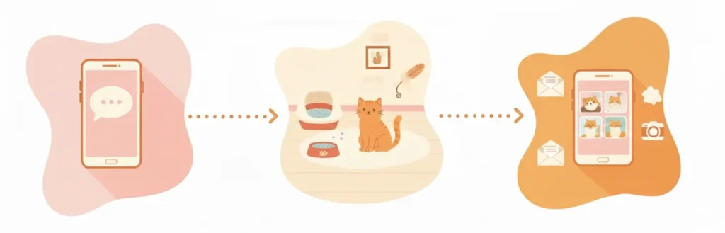 Illustration des 3 étapes de la garde de chat à domicile : prise de contact, visite et suivi personnalisé